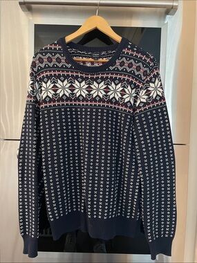 J.Crew Navy Cotton Fair Isle Sweater with White & Red Details